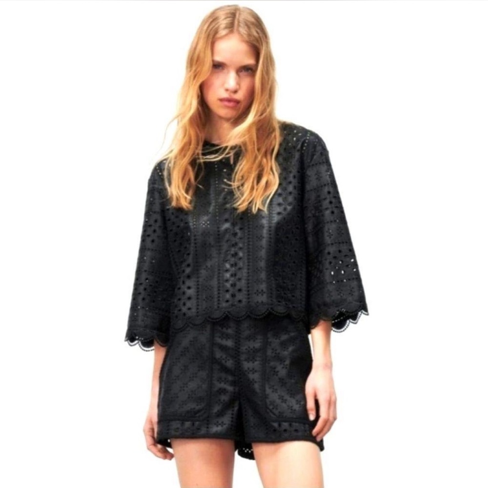 Zara Eyelet leather top button Down blouse Cropped 3/4 Sleeve
